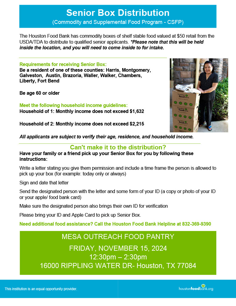 HFB Senior Box Distribution/Distribucion de Senior Box @ MESA-OUTREACH, INC. Food Pantry