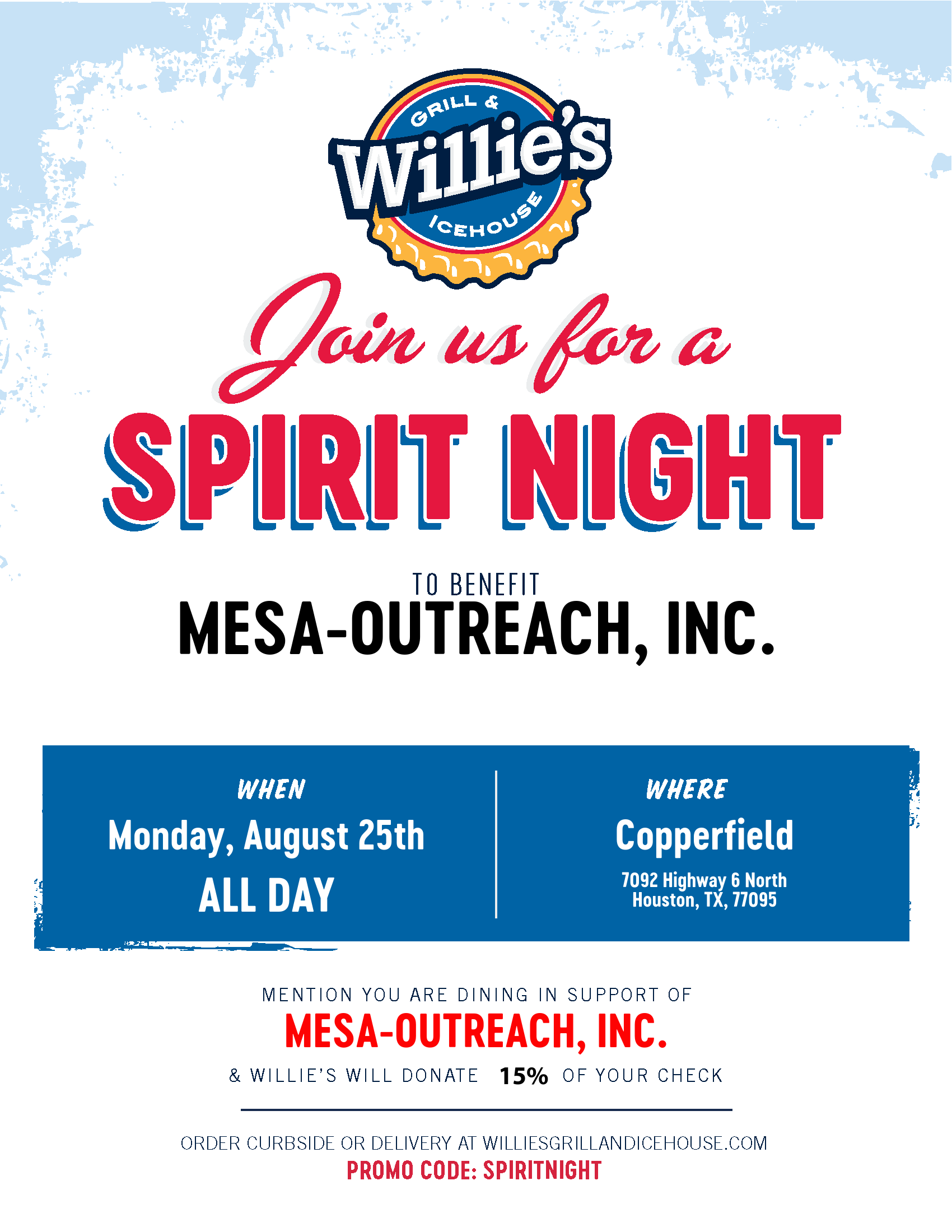 Willie's Grill & Icehouse Spirit Night @ Willie's Grill & Icehouse - Copperfield Location Only